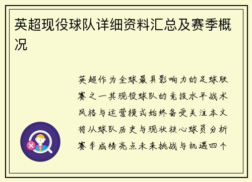 英超现役球队详细资料汇总及赛季概况